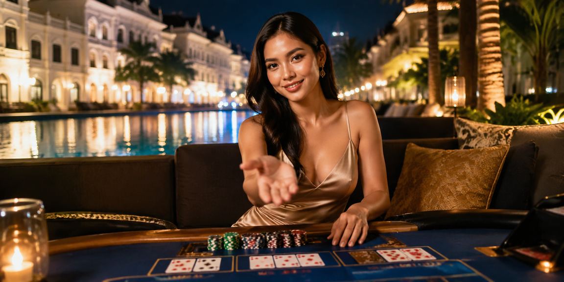 Model berpose di depan meja baccarat dengan chip taruhan di suasana casino mewah