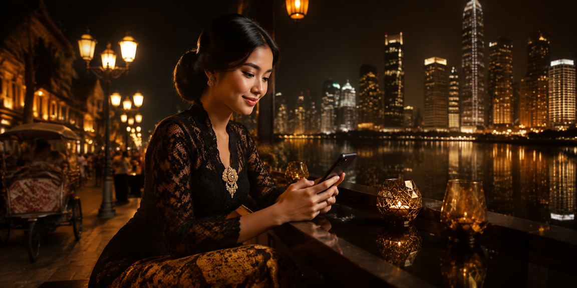 Model menggunakan ponsel untuk mengakses mobile casino dengan tampilan antarmuka modern
