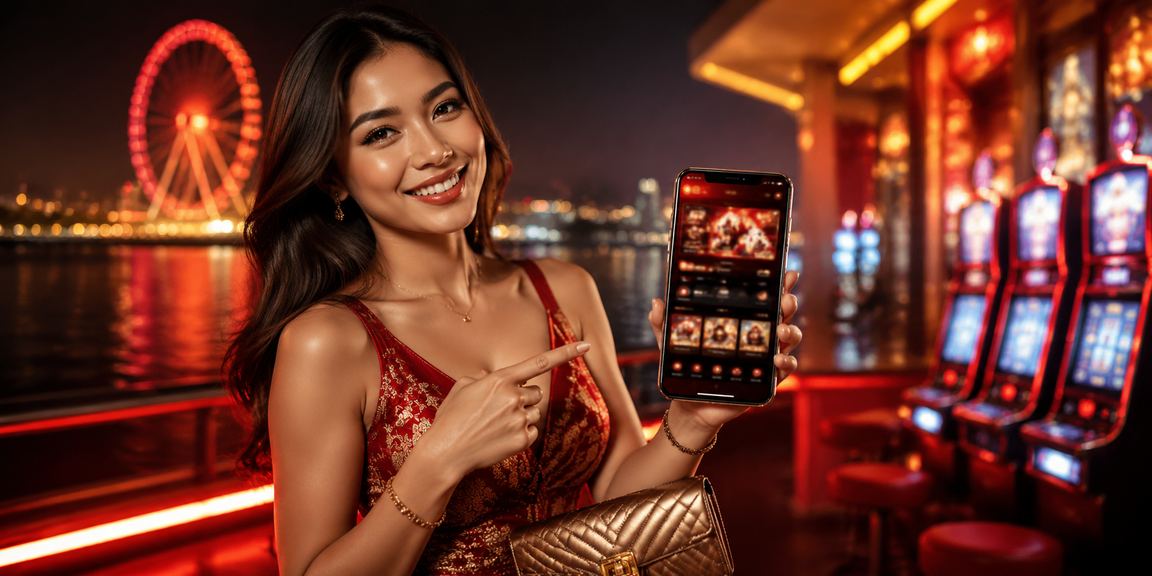 Pengguna mengakses platform casino mobile di tepi pantai dengan smartphone